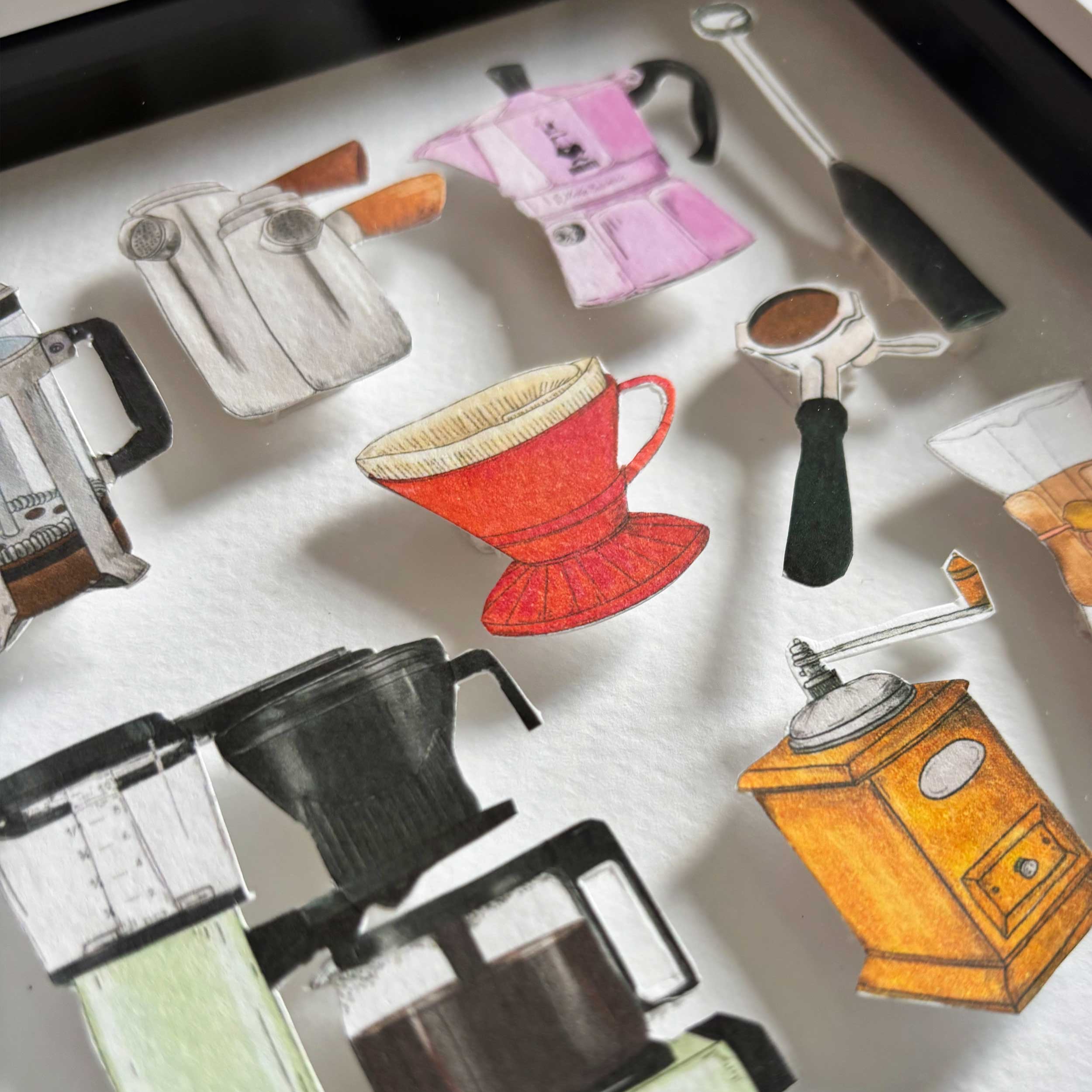 3D Coffee Lover paper collage showing illustrated coffee makers like Bialetti Espresso, French Press  grinder or Moccamaster illustrations