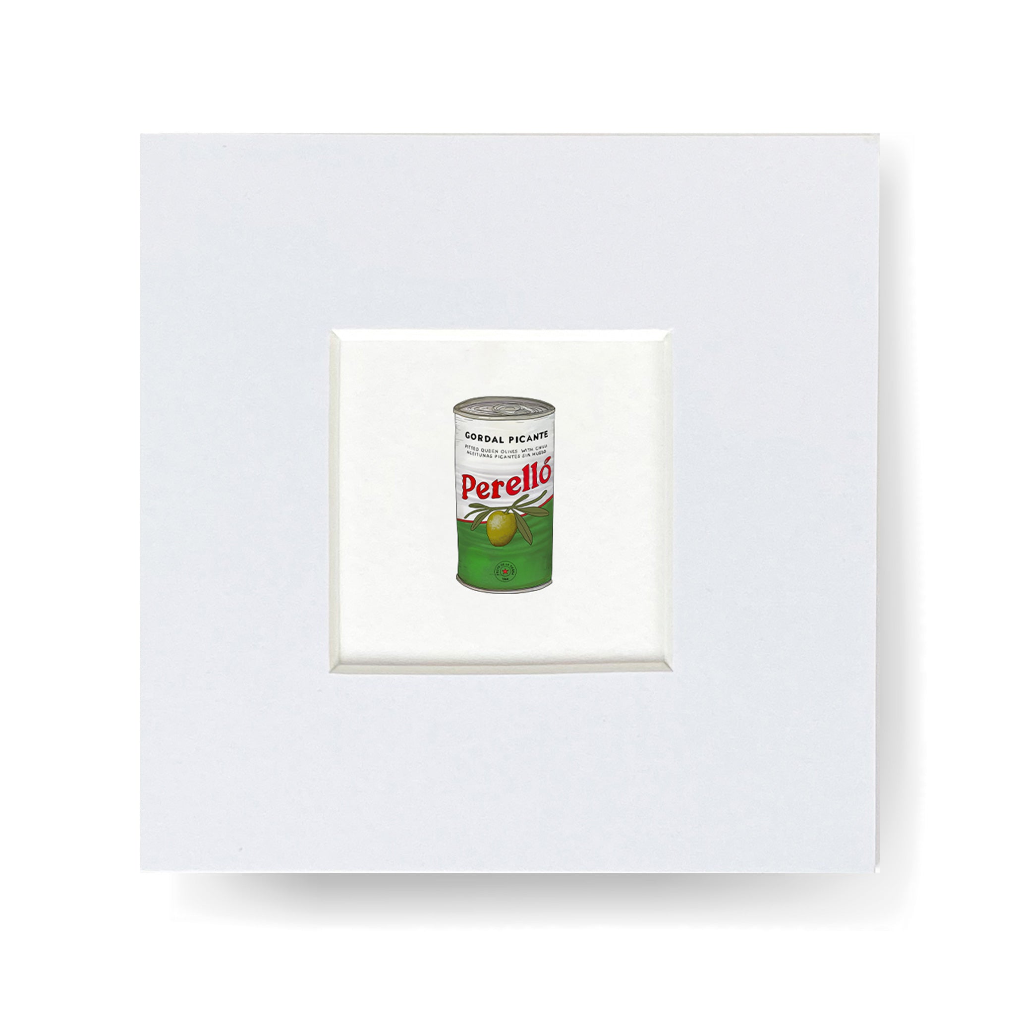 Illustrated print with mount of a Perello olives Gordal tin
