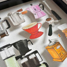 3D Coffee Lover paper collage showing illustrated coffee makers like Bialetti Espresso, French Press  grinder or Moccamaster illustrations 